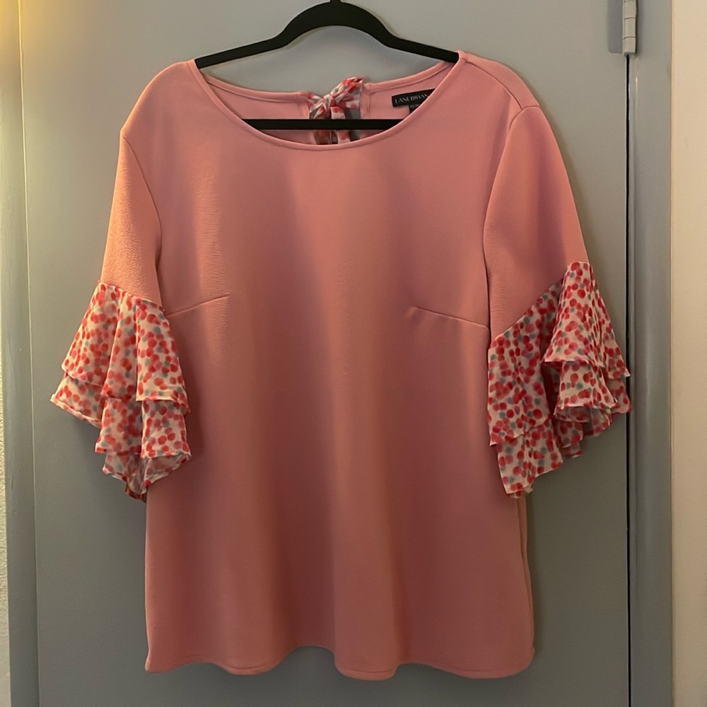 Lane Bryant Pink Short Sleeve Blouse/Top With Polkadot Print Ruffle Sleeves